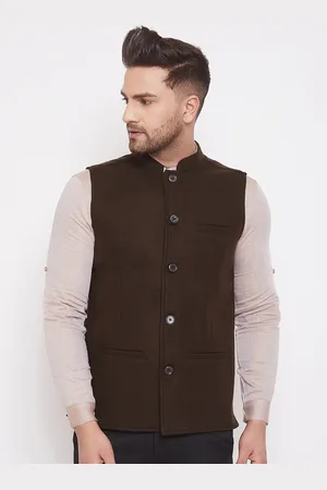Even Men Brown Solid Woven Nehru Jacket