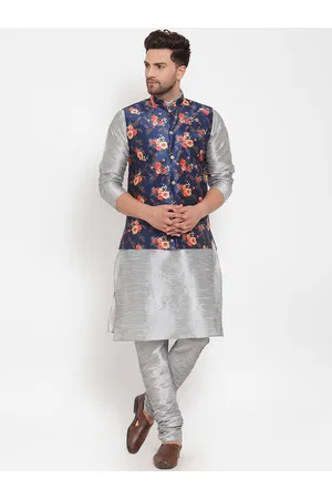 Kraft Men Silver-Toned & Blue Printed Kurta With Churidar & Nehru Jacket