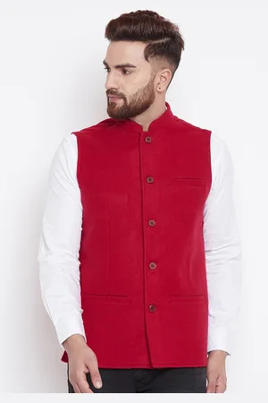 Even Men Red Solid Velvet Nehru Jacket
