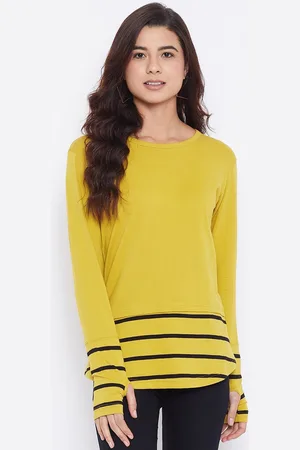 Hypernation Women Yellow Black Striped Round Neck Pure Cotton T-shirt
