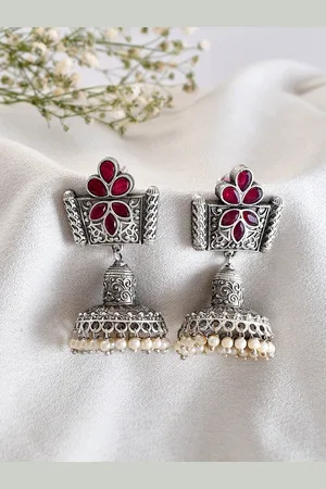 Dastoor Silver-Plated Stone Studded Beaded Jhumkas