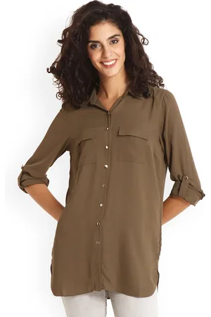 Gipsy Women Olive Brown Regular Fit Solid Casual Shirt