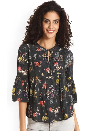 Gipsy Women Charcoal Grey Floral Print Top