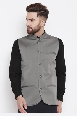 Even Men Grey Solid Velvet Nehru Jacket