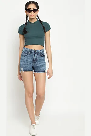 Belliskey Women Blue Washed High-Rise Denim Denim Shorts