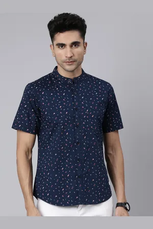 Joven Slim Fit Conversational Printed Band Collar Chest Pocket Cotton Casual Shirt