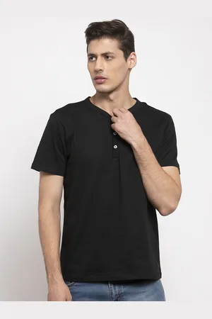 DOOR74 Men Black Solid Henley Neck T-shirt