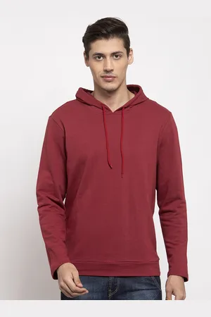 DOOR74 Men Maroon Solid Hooded Sweatshirt