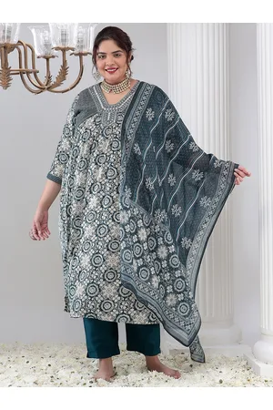 Bani Women Plus Size Floral Printed Thread Work Empire Kurta with Trousers & With Dupatta