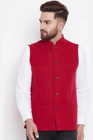 Even Men Solid Red Velvet Nehru Jacket