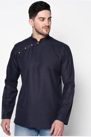 TABARD Men Navy Blue Solid Mandarin Collar Angrakha Cotton Kurta