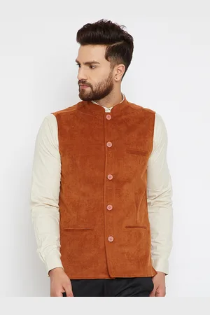 Even Men Orange Solid Velvet Nehru Jacket