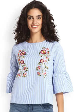 Gipsy Women Blue Striped Pure Cotton Top