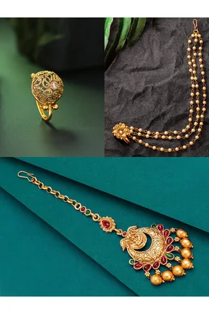 Aadita Women Gold-Plated & Stone Studded Maang Tikka & Nose-pin Set