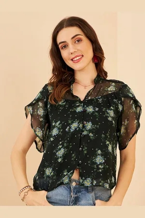 Rare Fashion Black Floral Printed Mandarin Collar Extended Sleeves Top