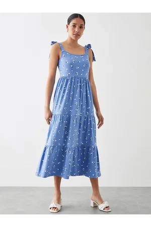 Dorothy Perkins Floral Print Tie-Ups Shoulder Tiered A-Line Midi Dress