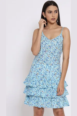 MARC LOUIS Women Blue & Pink Floral Printed Layered Cotton Dress