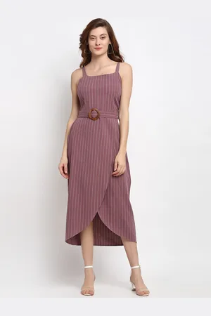 Gipsy Women Purple Striped Georgette Cotton Midi Dress
