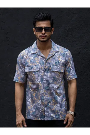 Maniac Classic Floral Printed Cuban Collar Pocket Cotton Casual Shirt