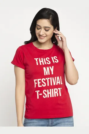 DOOR74 Women Red Printed Round Neck T-shirt