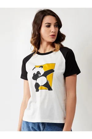 Miss Chase Women White Black Panda Printed Round Neck Pure Cotton T-shirt