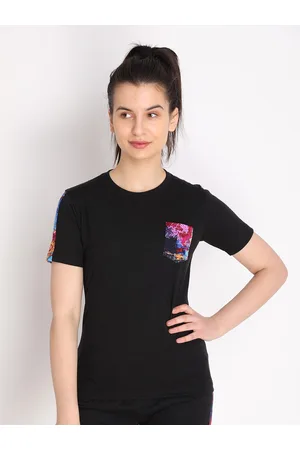 CHKOKKO Women Black Contrast Pocket Cotton Sports T-shirt