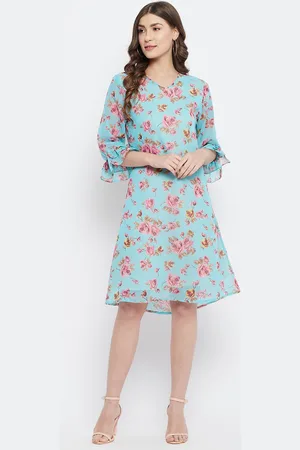 Color Cocktail Blue Floral Printed Georgette Dress