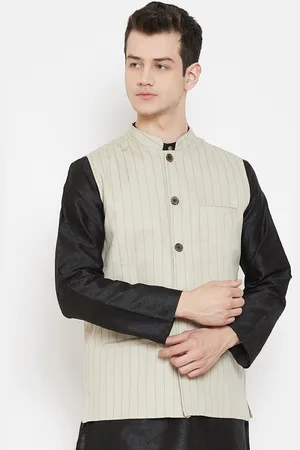 Even Men Beige & Brown Striped Linen Nehru Jacket