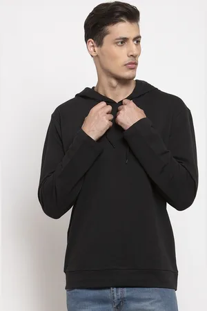 DOOR74 Men Black Solid Hooded Sweatshirt