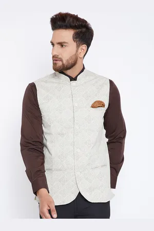 Even Men Off White Printed Nehru Jacket