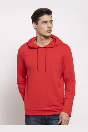 DOOR74 Men Red Solid Hooded Sweatshirt