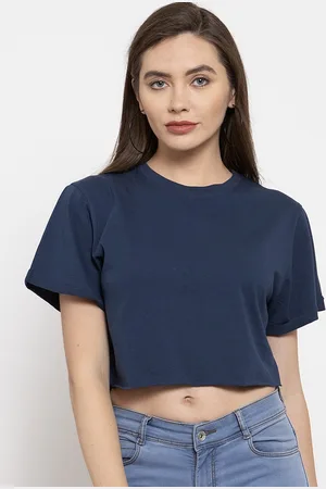 DOOR74 Women Navy Blue Solid Round Neck T-shirt