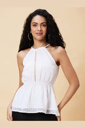 Globus White Self Design Sleeveless Cinched Waist Top