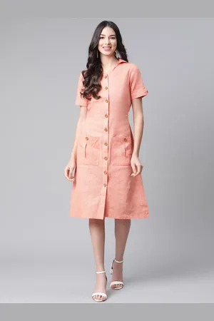 Cottinfab Women Peach-Coloured Pure Cotton Shirt Midi Dress