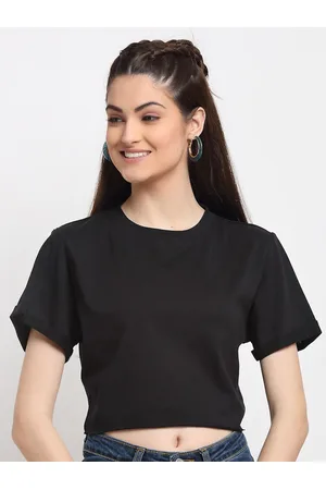 DOOR74 Women Black Solid Crop T-shirt