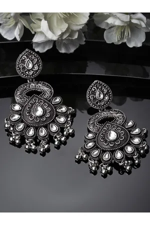 ADIVA Silver-Plated Kundan-Studded Oxidised Contemporary Drop Earrings
