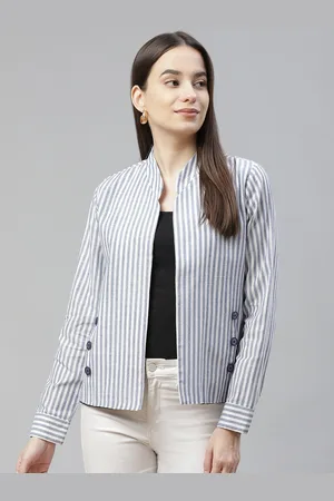 Cottinfab Women White & Blue Striped Lightweight Open Front Jacket