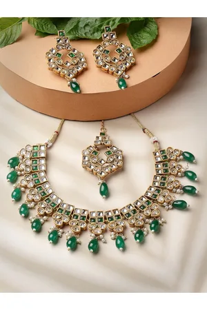 ADIVA Gold-Plated Kundan Stone Studded Necklace and Earrings With Maang Tika