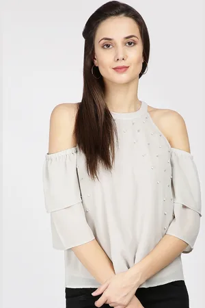 Gipsy Women Grey Embellished A-Line Cold Shoulder Pure Cotton Top