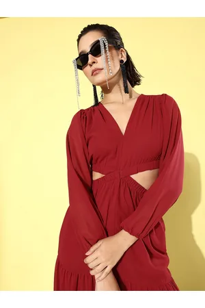 DressBerry Jester Maroon Cut-Out September Hello Monsoon Hot Hems Maxi Tiered Dress