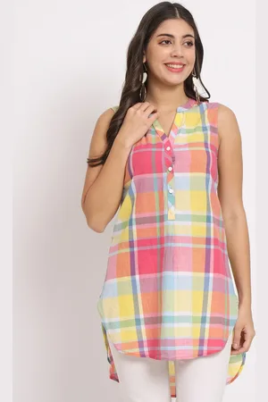 CHARMGAL Checked Mandarin Collar Longline Cotton Shirt Style Top