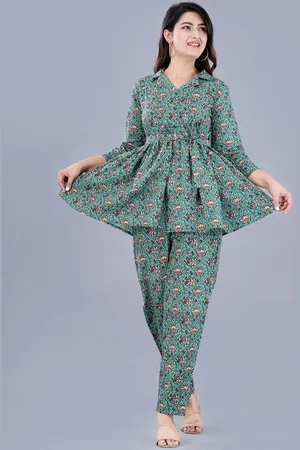 AO Services Floral Printed Pure Cotton A-Line Kurti & Trousers With Belt