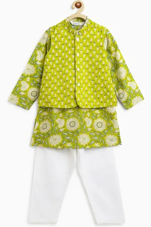 Campana Boys Floral Printed Regular Pure Cotton Kurta with Pyjamas & Nehru Jacket