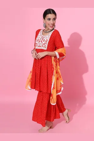 Jaipur Bandhani Printed Thread Work Anarkali Kurta with Sharara & With Dupatta