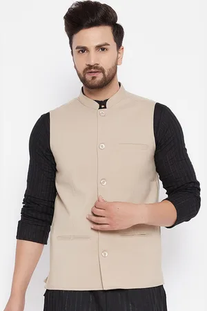 Even Men Beige Solid Woven Nehru Jacket