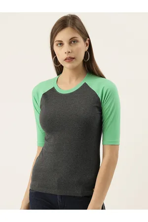Campus Women Charcoal Grey & Green Solid Round Neck Pure Cotton T-shirt