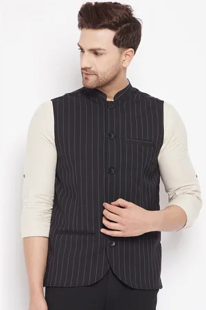 Even Men Black Striped Woven Nehru Jacket