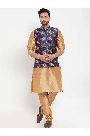 Kraft Men Gold-Toned & Blue Regular Dupion Silk Kurta Set with Nehru Jacket