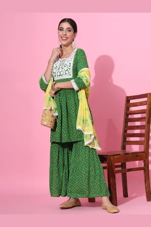 Jaipur Bandhani Printed Thread Work Pleated Kurta With Sharara & Dupatta