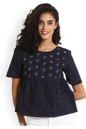 Gipsy Women Navy Blue Self Design A-Line Top